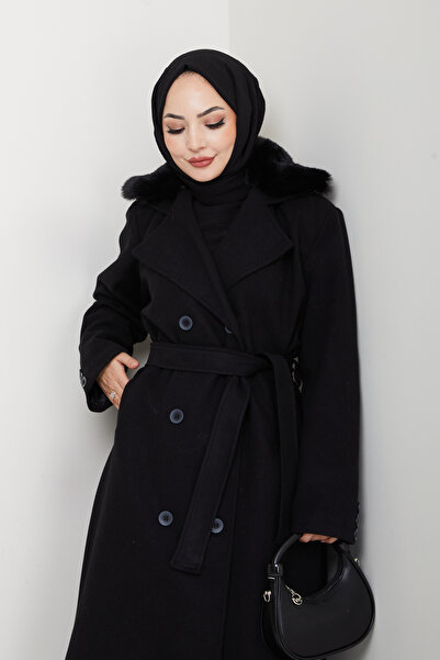 Pamuk Butik Women's Fur Detailed Double-Breasted Collar Belted Cashmere Coat