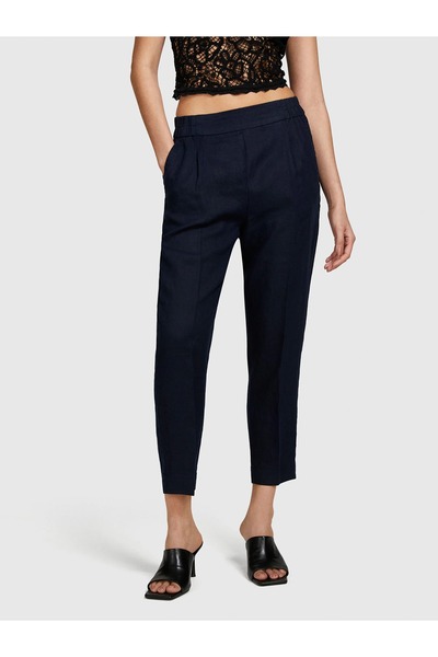 Sisley 100% Linen Elastic Waist Pleated Front Trousers Women's Navy Blue Trousers - 325P4Aghlf00S