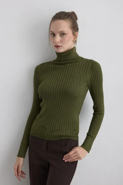 Gusto Glitter Turtleneck Knit Blouse - Khaki