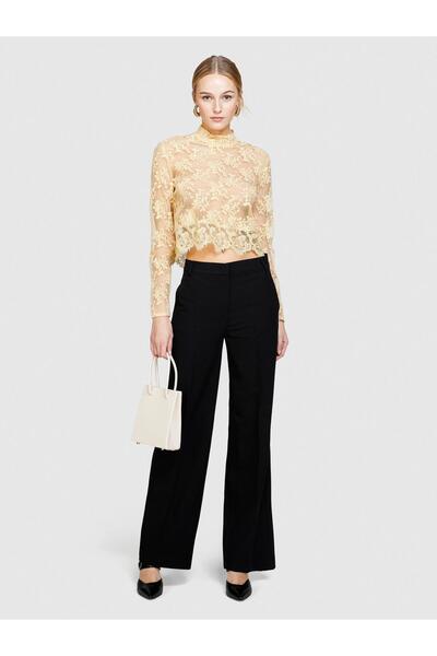 Sisley Viscose Blend Regular Waist Wide Leg Pants Women's Black Trousers - 324P4Kvxlf02I