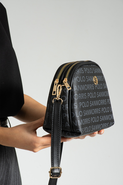 By Hakan Sn 1298 Two Compartment Women's Handbag Shoulder Crossbody Bag Black with Writing