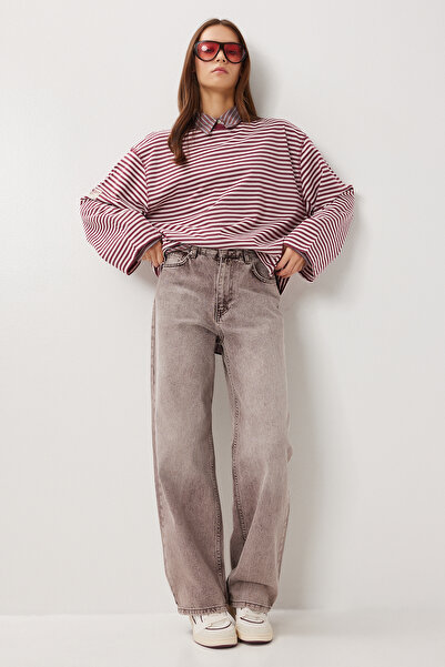 Lovelyİstanbul Blugi cu picior drept talie înaltă LRI0031 MARO DESCHIS