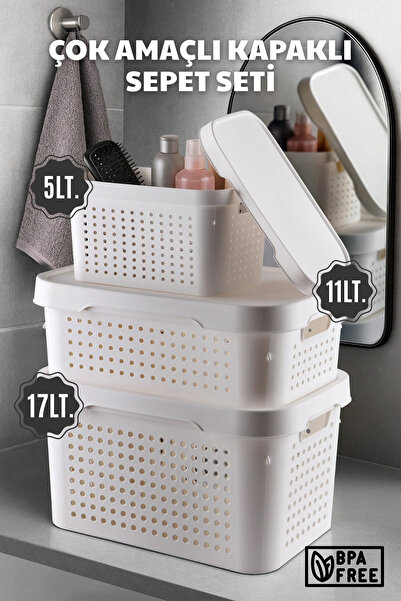 Nandy Home Çok Amaçlı, Kapaklı Sepet Seti - Düzenleyici Saklama Kutusu Seti 5...