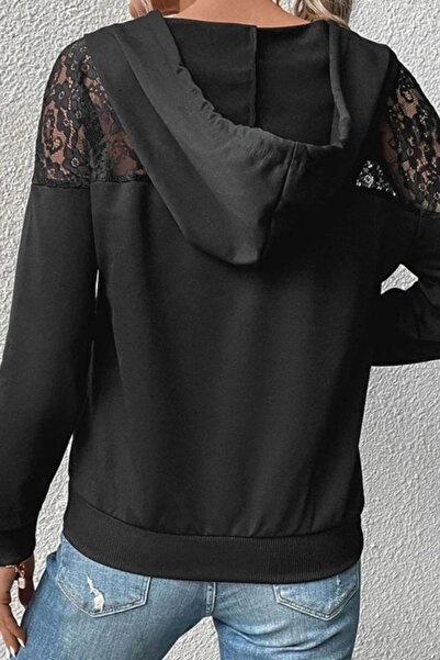 Mossta Lace Detailed V-Neck Hooded Pocket Viscose Two Thread Blouse - Black
