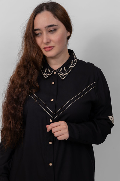 LINELLE Ladies Co-Ord Set – Soft Crepe Black Shirt with Floral Embroidery on Collar and Sleeves, Solid Pant