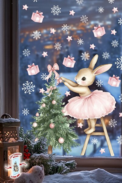 MSticker Double-Sided Cute Rabbit and Pine Tree Christmas Glass Sticker Set – 74 Pieces, Children's Room & New Year