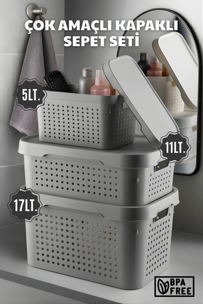 Nandy Home Çok Amaçlı, Kapaklı Sepet Seti - Düzenleyici Saklama Kutusu Seti 5...