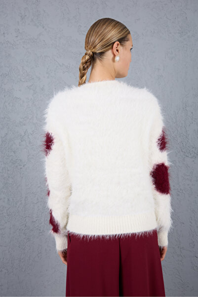 Clothes Fast White-Burgundy Beard Yarn Patterned Crew Neck Knitwear Sweater