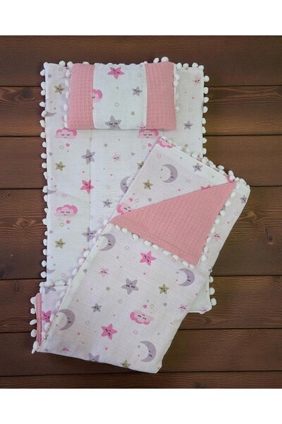 voyyo kids baby 3-Piece Bottom Opening Mat Set with Blanket and Pillow, Muslin Patterned Bottom Opening