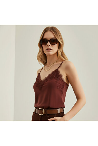 MELA ROSSA Women's Chocolate-Colored Lace Adjustable String Strap Sandy Fabric Tank Top Blouse