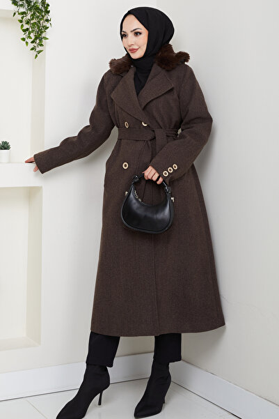 Pamuk Butik Γυναικείο παλτό με λεπτομέρεια από γούνα διπλό πέτο με κορδόνι με ζώνη
