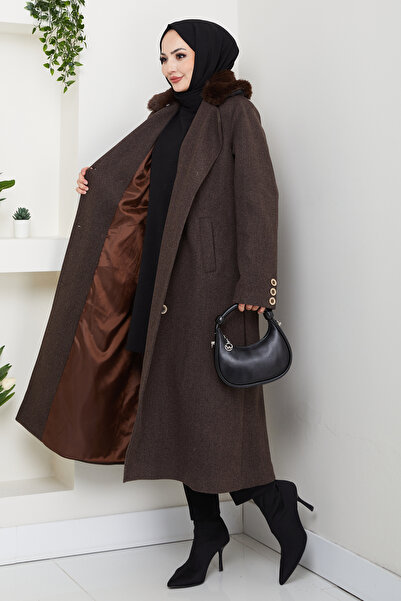 Pamuk Butik Γυναικείο παλτό με λεπτομέρεια από γούνα διπλό πέτο με κορδόνι με ζώνη