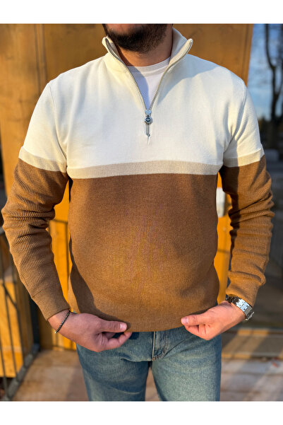 Avni Ceylan Color Block Half Zipper Men's Knitwear Sweater