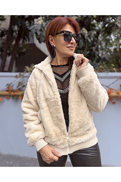 DenizEge Women's Italian K Hooded Artificial K Faux Fur Coat Ecru