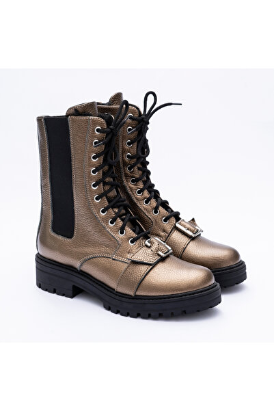 VAGAM Golden Boots Made of Genuine Leather with Laces and Zipper