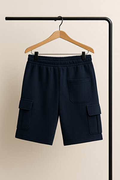 MBtekstil Men's Fleece-Lined Cargo Pocket Pack Shorts – 4 Seasons – Suitable for Sports & Daily Use – Navy Blue