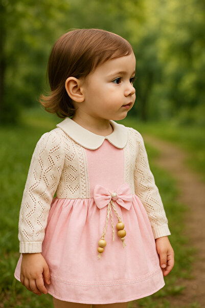 mali-kon kids فستان يومي للفتيات من مالي-كون 303-11-25 بأكمام دانتيل وتفاصيل ...