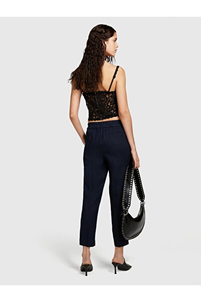 Sisley 100% Linen Elastic Waist Pleated Front Trousers Women's Navy Blue Trousers - 325P4Aghlf00S