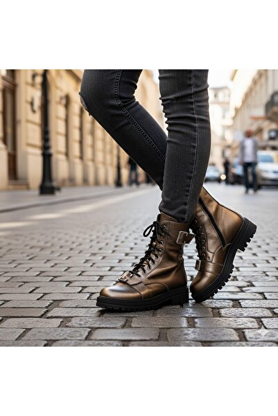 VAGAM Golden Boots Made of Genuine Leather with Laces and Zipper