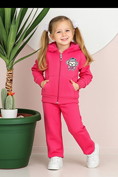 Yalçınoğlu Kids Set pentru fete din țesătură cu nervuri cu guler de pluș, car...