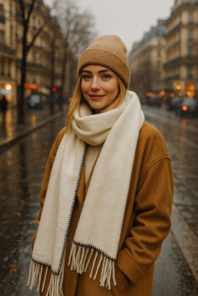 MARBERRY Coffee Edged Embroidered Boucle Women's Scarf and Beanie Set of 2