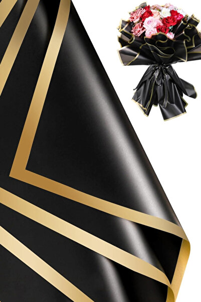 Elizberen Çiçek Ambalaj Kağıdı Siyah Altın Kenarlı 4 Adet Yapay Çiçek Kuru Çi...