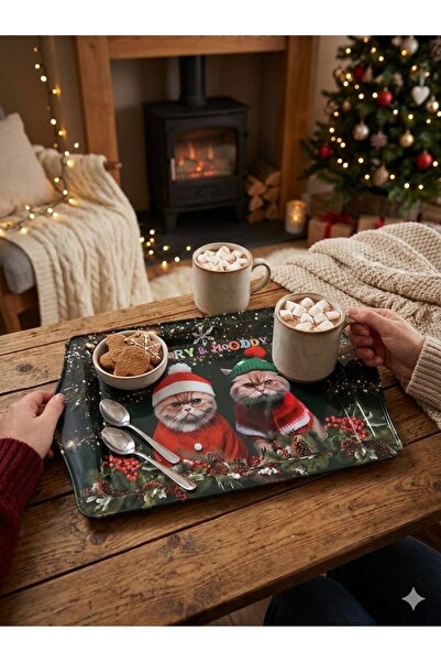 Happyline Yılbaşı Metal Tepsi Yılbaşı Dekorasyon Ev Mutfak Paslanmaz Tepsi Kedili Tepsi Yeni Yıl Tepsi 2026