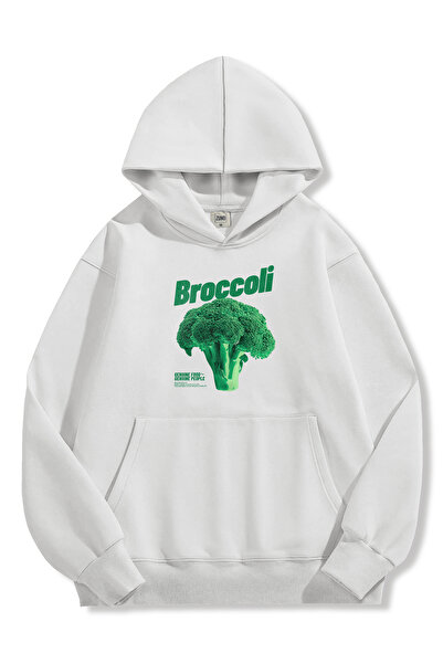 Zuno Women's White Oversized Fit Hooded Sweatshirt Broccoli