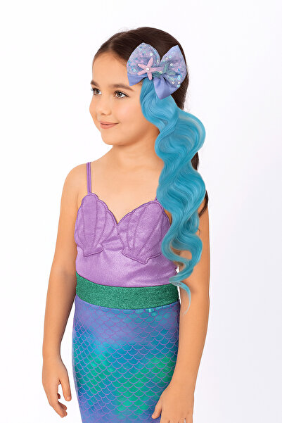 DODOMAR Peruk Saç Tokalı Uzun Deniz Kızı Modeli Pullu Turkuaz Mavi Çıtçıtlı Toka 38cm