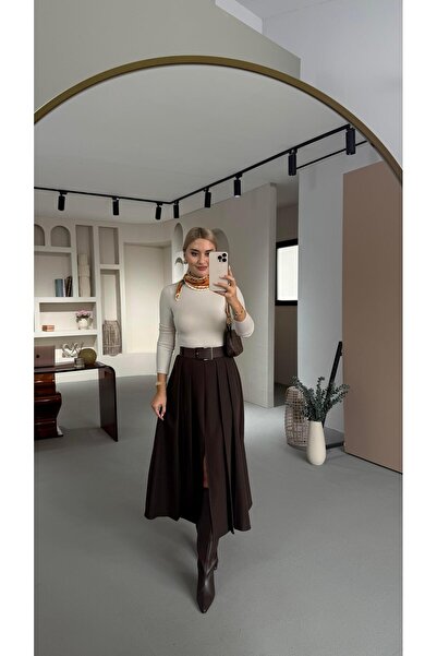 Sezgi Tekin Καφέ μίντι φούστα με ζώνη και διπλή πιέτα