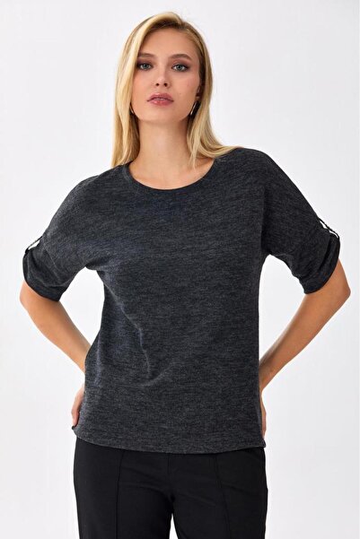 İKİLER Yuvarlak Yaka Kolu Şerit Detaylı Triko Bluz 256-1710