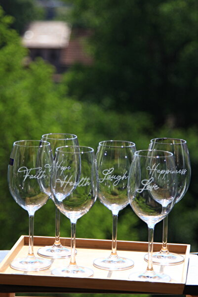 Astrid Deco Set of 6 Bohemia wine glasses, engraved with words in English