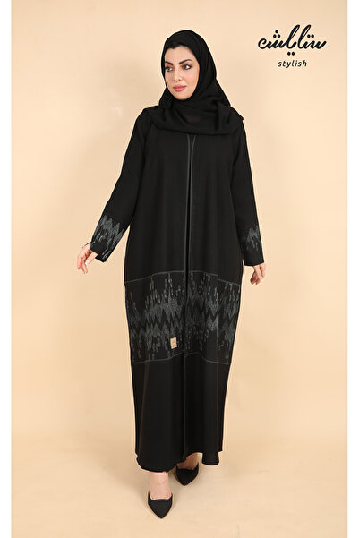 Stylish عباية لف مطرزة باللون الاسود