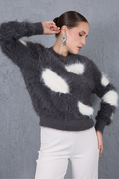 Clothes Fast Smoked-White Beard Yarn Patterned Crew Neck Knitwear Sweater