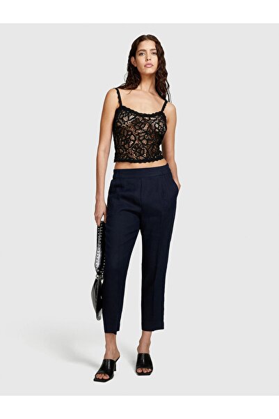 Sisley 100% Linen Elastic Waist Pleated Front Trousers Women's Navy Blue Trousers - 325P4Aghlf00S