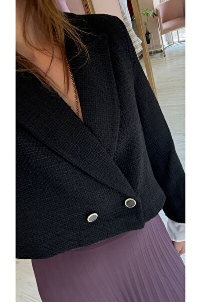 HANER BUTİK Black Cuff Sleeve Tweed Jacket