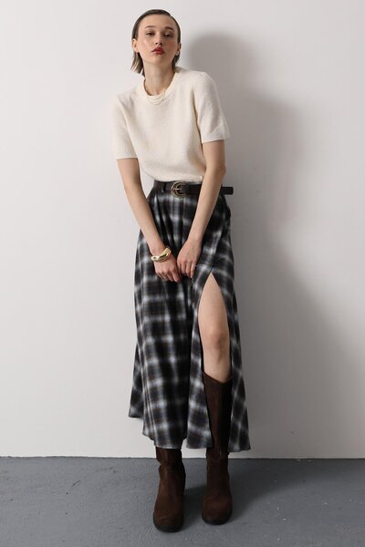 VAGGON Women's Brown Plaid Belted High Waist Slit Detailed Maxi Skirt Vs01645