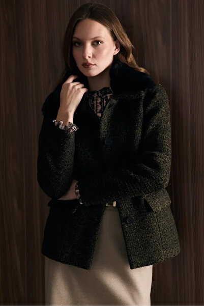 Gusto Wool Coat with Detachable Fur Collar - Khaki