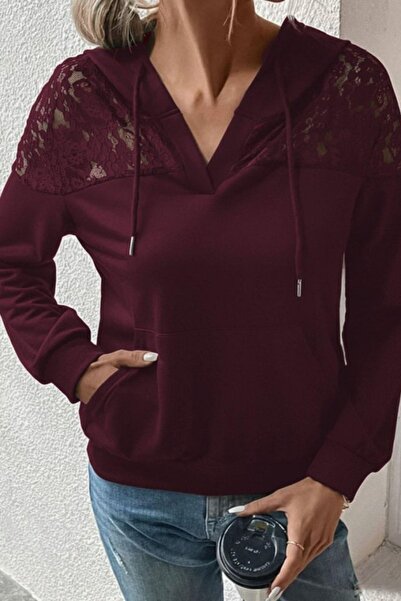 Mossta Lace Detailed V-Neck Hooded Pocket Viscose Two Thread Blouse - Burgundy