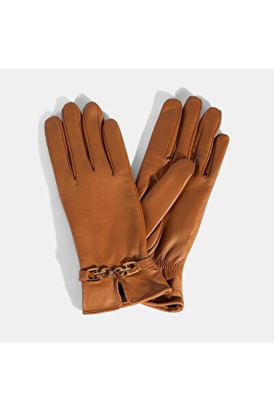 Desa Women's Tan Leather Gloves with Chain Accessories