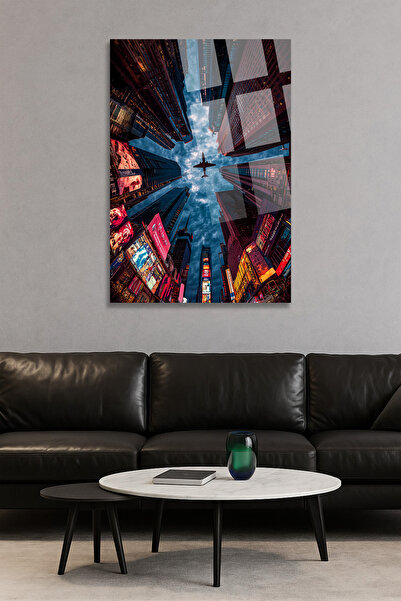TAULART New York Glass Painting Times Square Lights and Airplane Silhouette Glass Painting – Modern Cityscape Painting