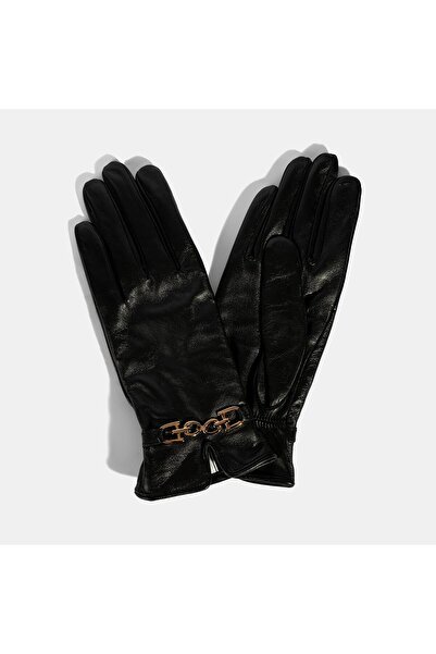 Desa Women's Black Leather Gloves with Chain Accessories