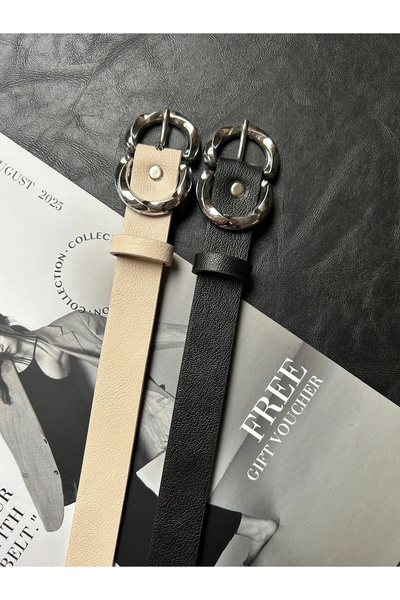 LİA KEMER 2-Piece Jade Double Ring Patterned Women's Silver Buckle Belt Coat Belt Dress Belt Trouser Belt