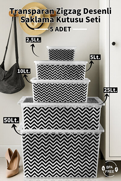 Nandy Home 5'li Transparan Zigzag Temalı Çok Amaçlı Saklama Kutusu Seti 2,5-5...