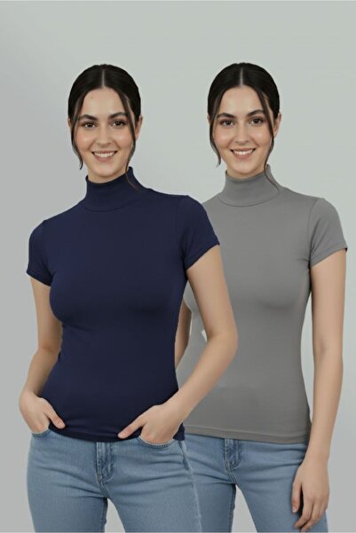 nacar çarşı Kadın 2'li Likralı Esnek Yarım Balıkçı Kısa Kollu Lacivert - Gri ...