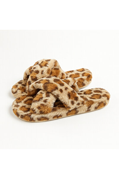 Beyond Women's Beige Leopard Cross-Strapped Furry House Slippers Byndcap01
