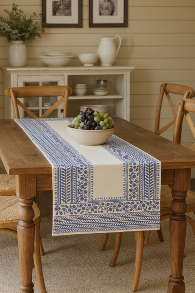 Markaev Bohemian Indian Blue Patterned Cotton Table Runner – 40X140 cm