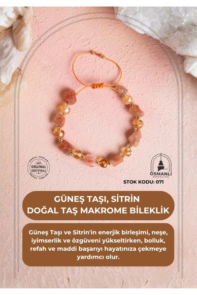 OSMANLI DOĞAL TAŞ Certified Sunstone, Citrine Natural Stone Macrame Bracelet (Sk:071)