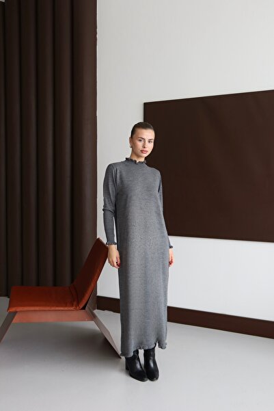 ilmek 23310 Women's Ruffle Detailed Maxi Length Dress Smoked