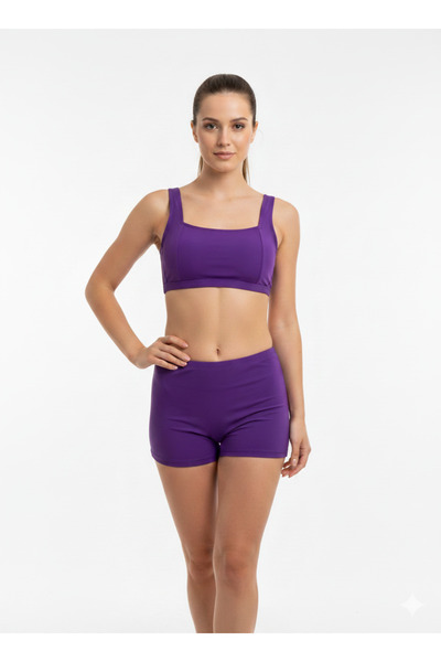 My-o Women's Square Neck High Waist Shorts Two-Piece Bustier Lycra Bikini Set-Detachable Pad 36-44